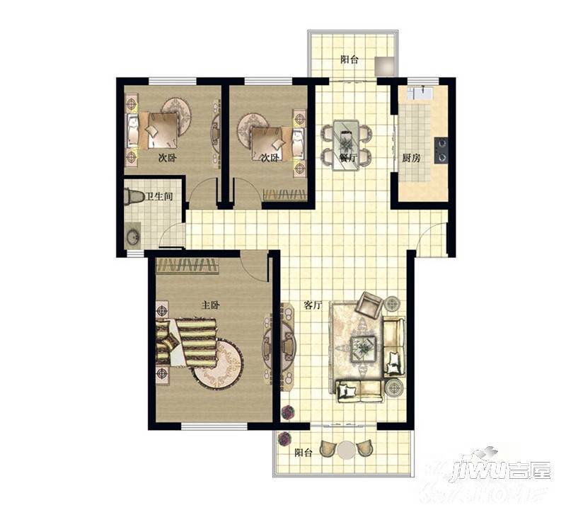 玉恒国际2室2厅2卫95.5㎡户型图