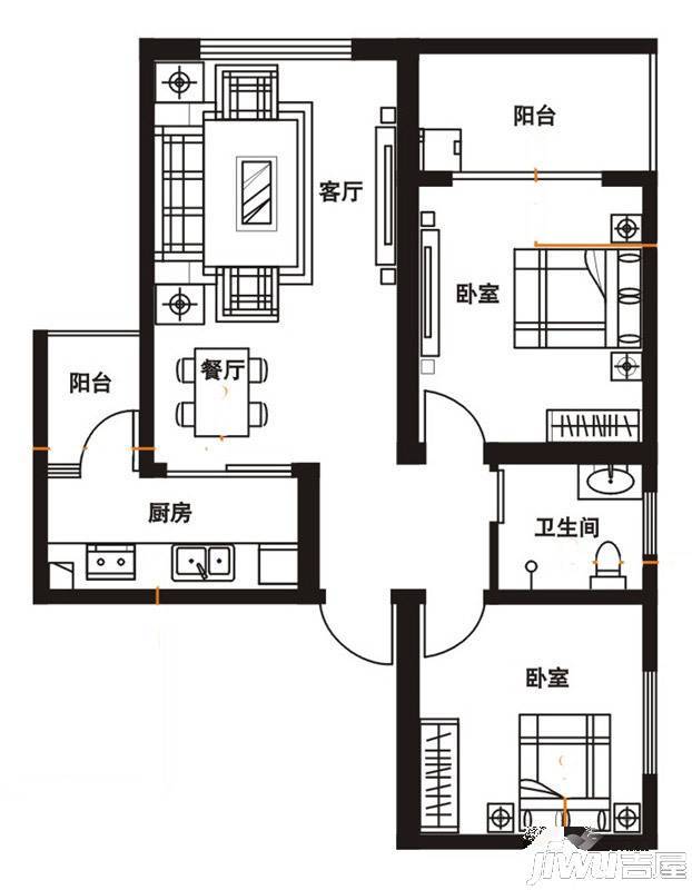 银隆开元名郡2室2厅1卫85.1㎡户型图