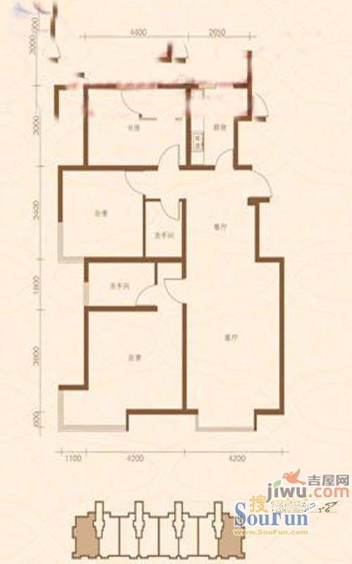 大秦华府3室2厅1卫121㎡户型图