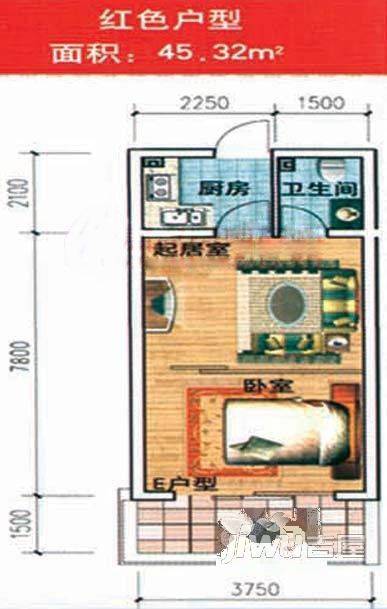 夏威夷公寓1室1厅1卫45.3㎡户型图