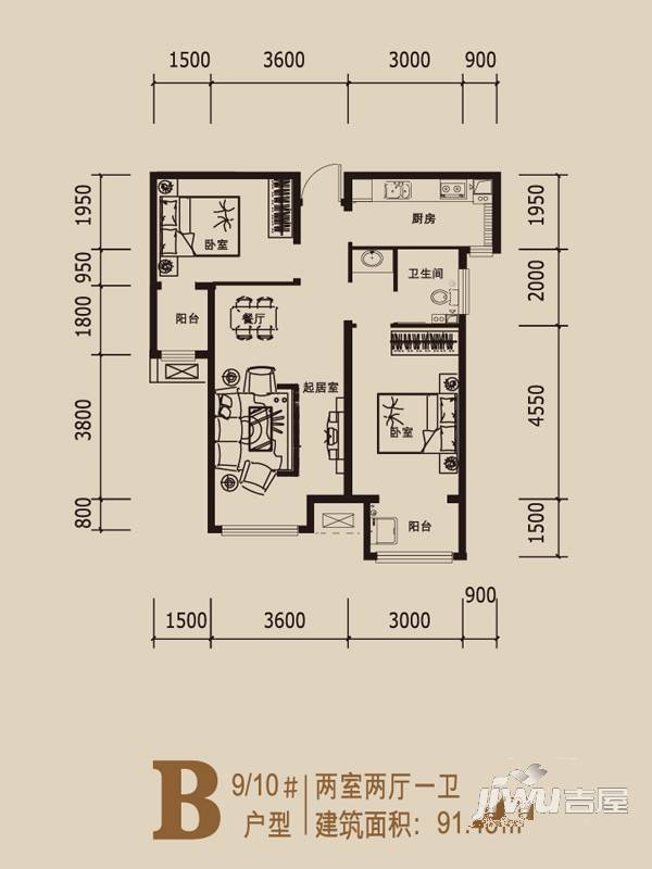 学府嘉园2室2厅1卫91.5㎡户型图