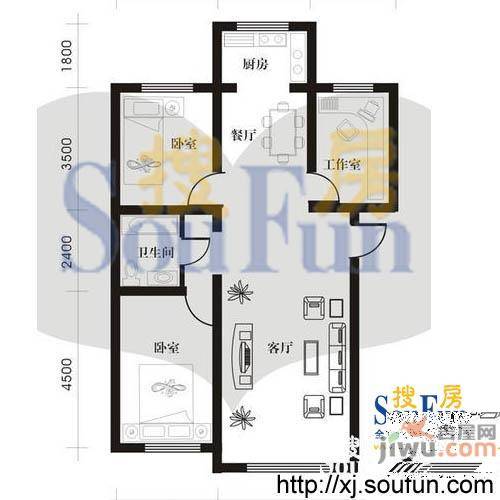 怡和山庄3室2厅1卫95.8㎡户型图