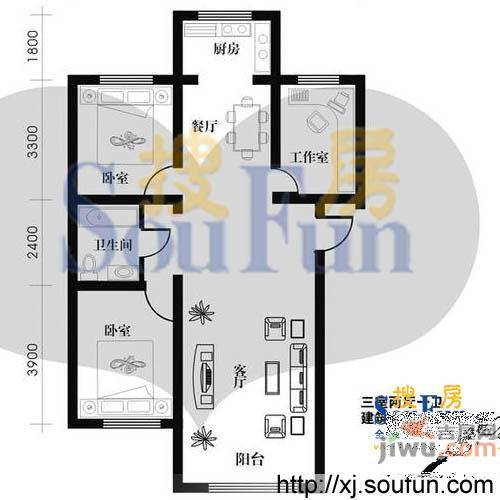 怡和山庄3室2厅1卫95.8㎡户型图