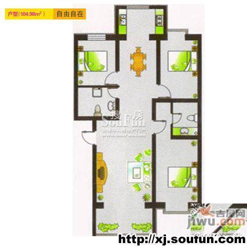 格林春天3室1厅1卫60.8㎡户型图