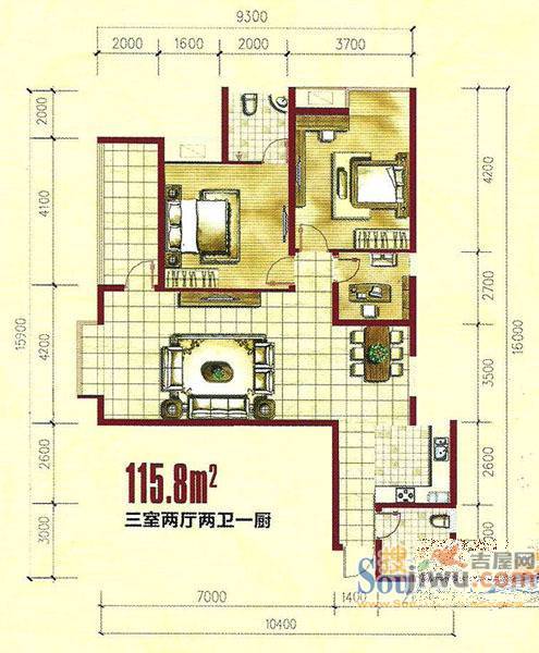 万佳幸福花园3室2厅2卫131.1㎡户型图