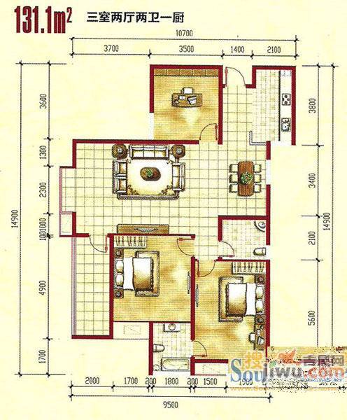 万佳幸福花园3室2厅2卫131.1㎡户型图