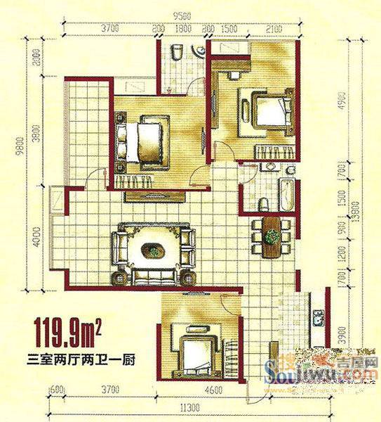 万佳幸福花园3室2厅2卫131.1㎡户型图