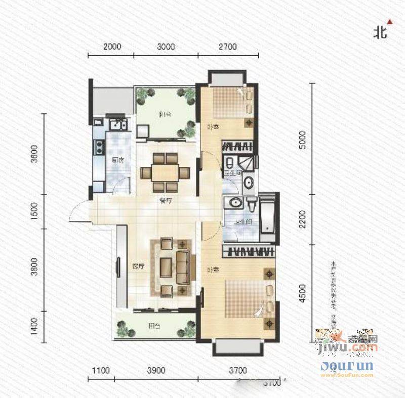 华翔世纪城2室2厅2卫101.6㎡户型图