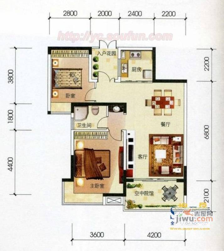 廊桥水岸2室2厅1卫93.6㎡户型图