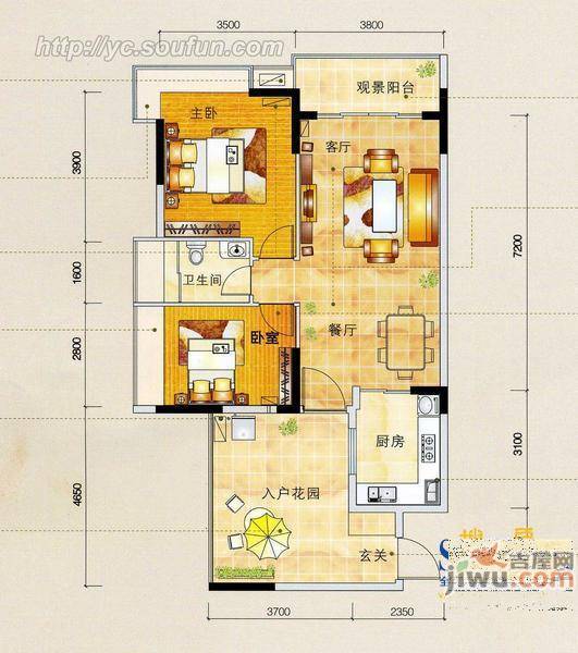 香格里拉二期2室2厅1卫91.2㎡户型图