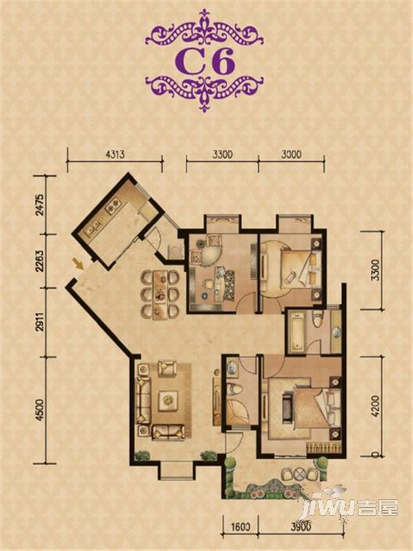 锦绣华庭3室2厅2卫125㎡户型图