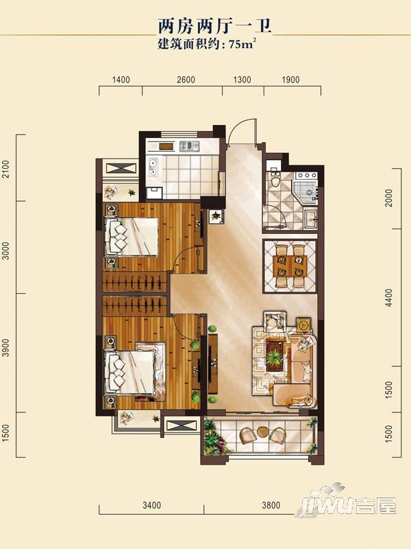 山水华庭2室2厅1卫75㎡户型图