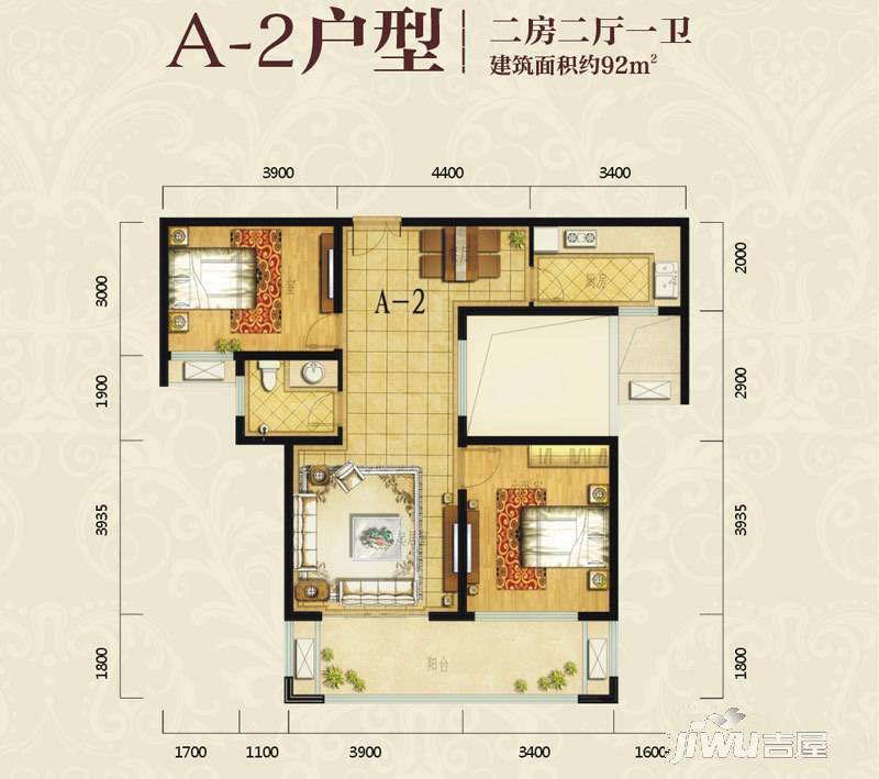 会昌天玺湾2室2厅1卫92㎡户型图