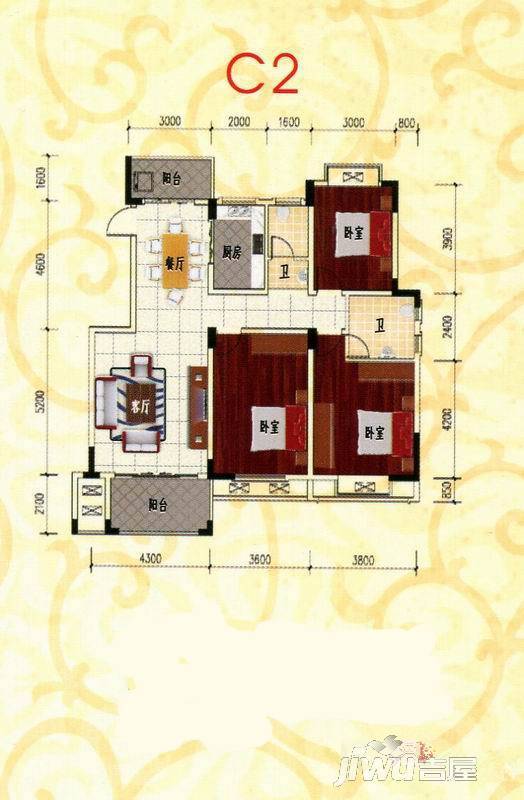南水国际3室2厅2卫133.2㎡户型图