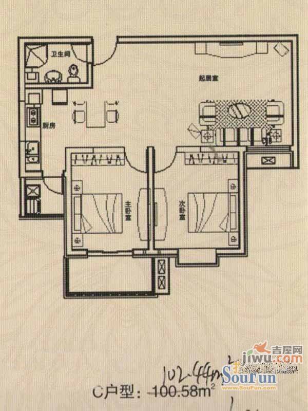 天润雅园2室2厅1卫102.4㎡户型图