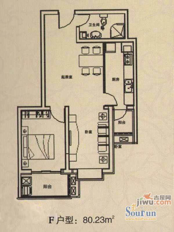 天润雅园1室2厅1卫80.2㎡户型图