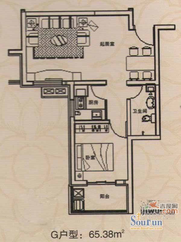 天润雅园1室1厅1卫65.4㎡户型图