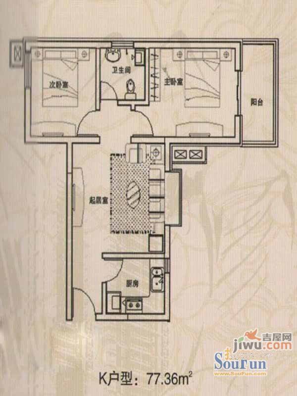 天润雅园2室1厅1卫77.4㎡户型图