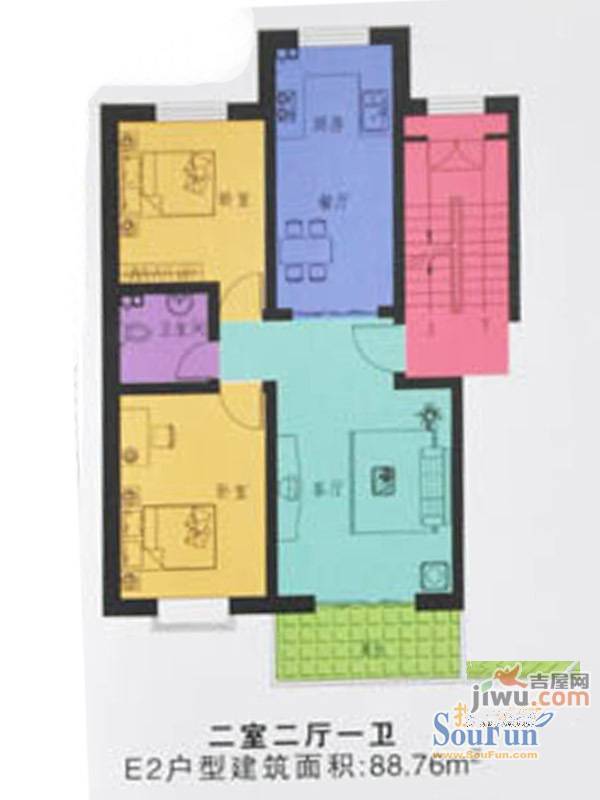 水木兰亭2室2厅1卫88.8㎡户型图