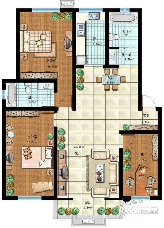 龙兴苑3室2厅2卫户型图