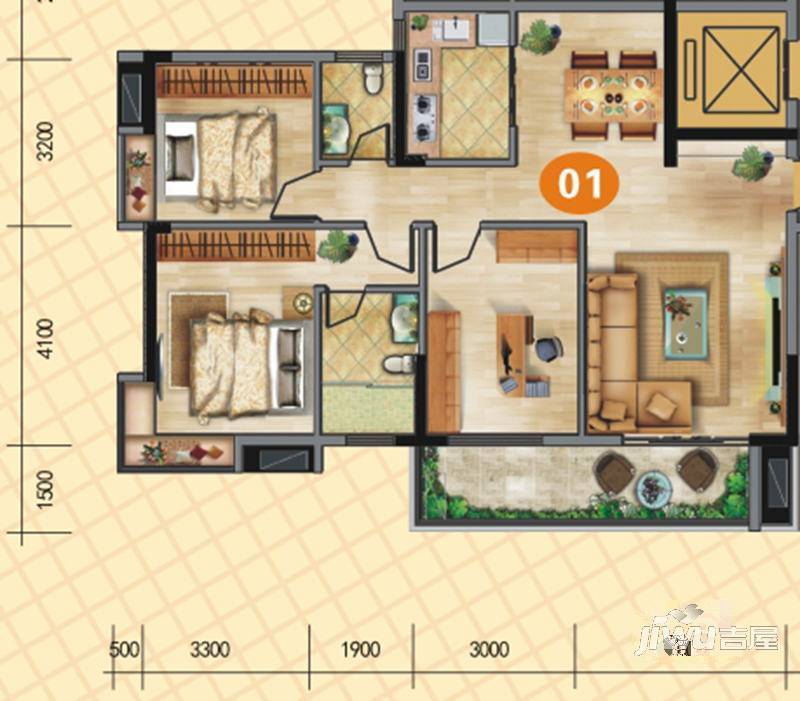 汇源城果3室2厅2卫114㎡户型图