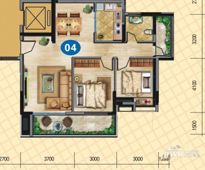 汇源城果2室2厅1卫92.6㎡户型图