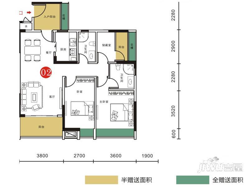 胜坚·尚城美居3室2厅2卫117㎡户型图