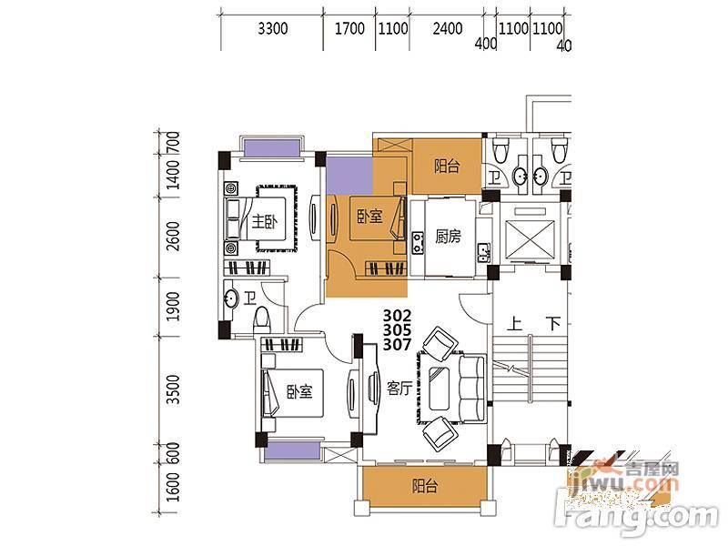 雅逸尚都3室2厅2卫101.5㎡户型图