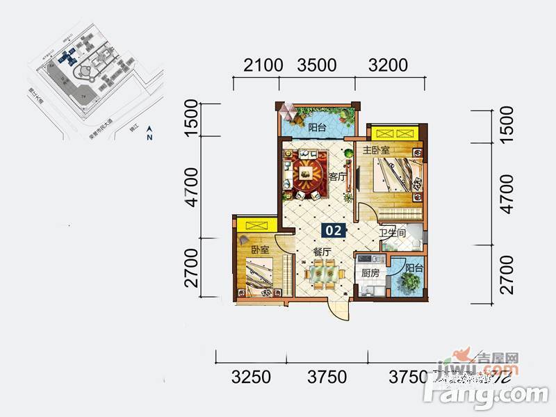 建安御锦珑湾2室2厅2卫71㎡户型图