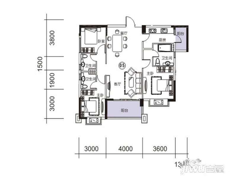 中业新城3室2厅3卫114.8㎡户型图