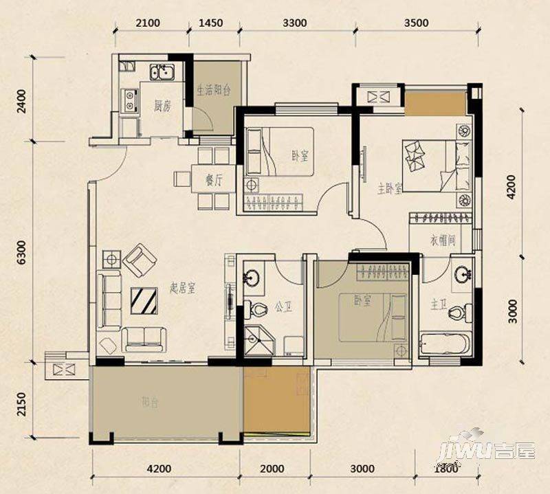 阆城一品2室2厅1卫74.3㎡户型图