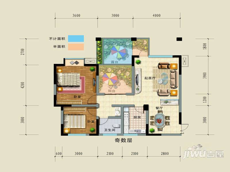 蓝调印象2室2厅1卫83.8㎡户型图