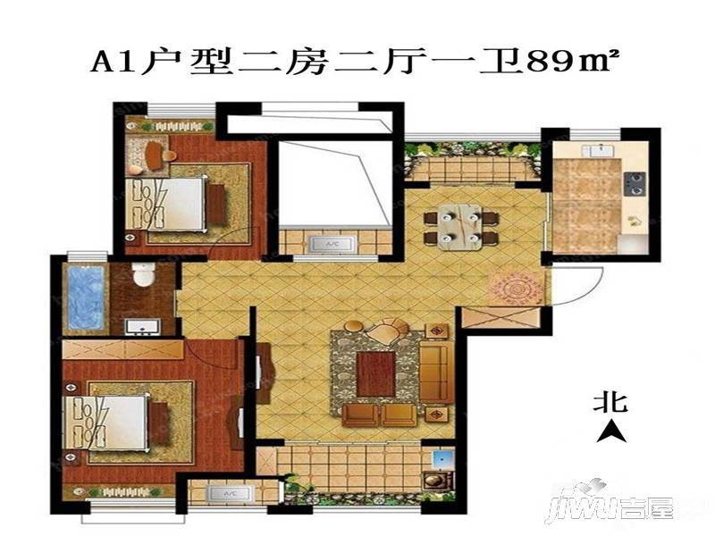 香溢紫郡2室2厅1卫89㎡户型图