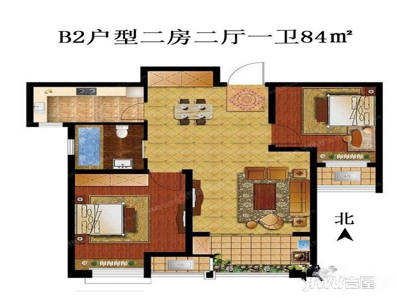 香溢紫郡2室2厅1卫84㎡户型图