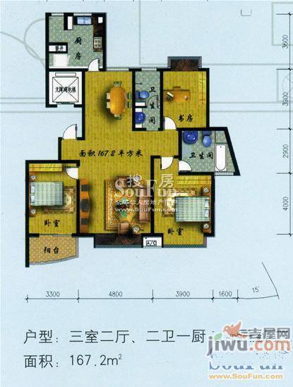 悦海花园3室2厅2卫189.1㎡户型图