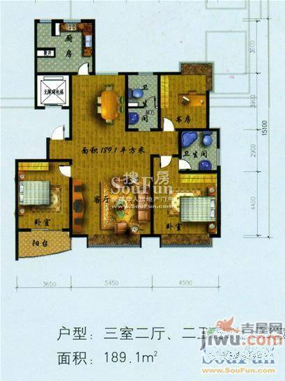 悦海花园3室2厅2卫189.1㎡户型图