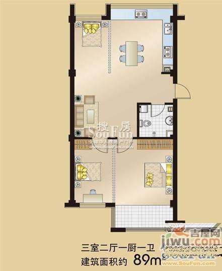 盛福家园3室2厅1卫92㎡户型图