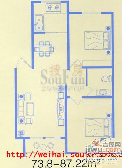 家纺城玫园2室1厅1卫86.4㎡户型图