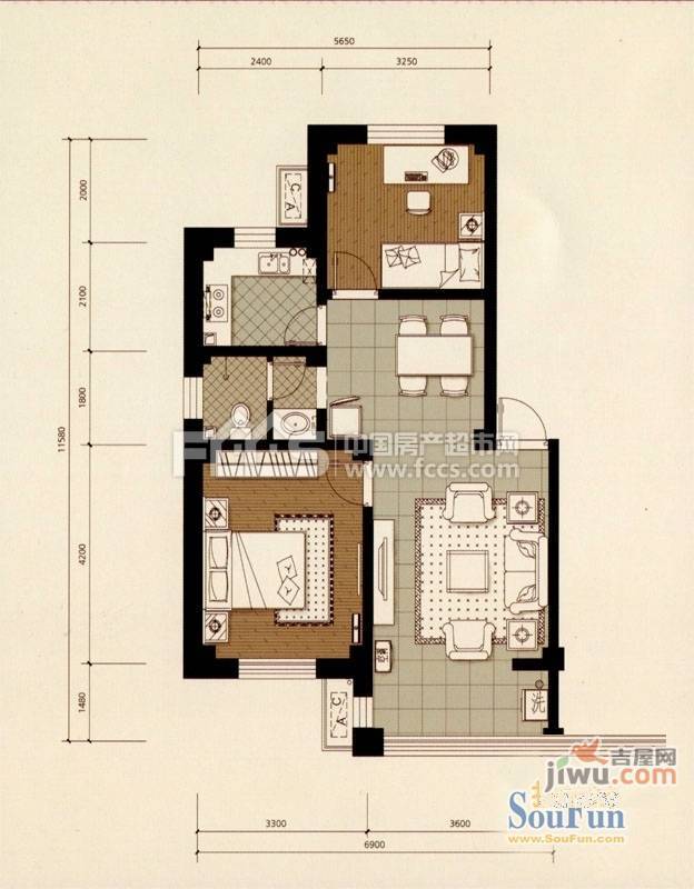 尊园别墅2室2厅1卫户型图