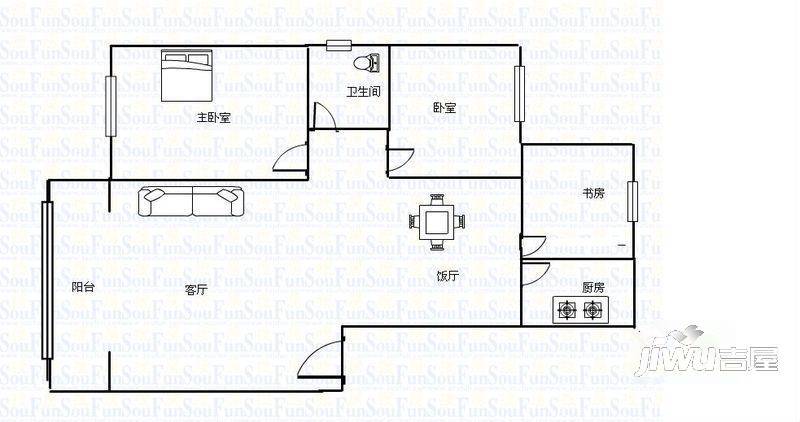 塞上名居2室2厅1卫90㎡户型图