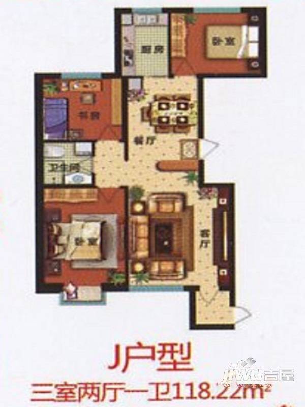 红宝锦秀河畔3室2厅1卫118.2㎡户型图