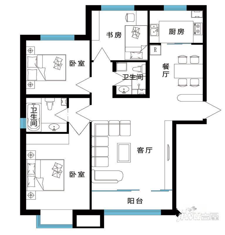 红宝锦秀河畔3室2厅1卫107.2㎡户型图