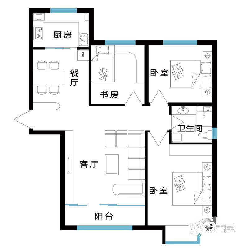 红宝锦秀河畔3室2厅1卫107.2㎡户型图