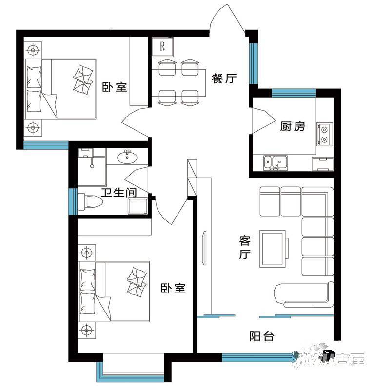 红宝锦秀河畔3室2厅1卫107.2㎡户型图