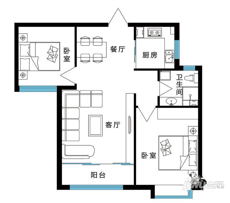 红宝锦秀河畔3室2厅1卫107.2㎡户型图