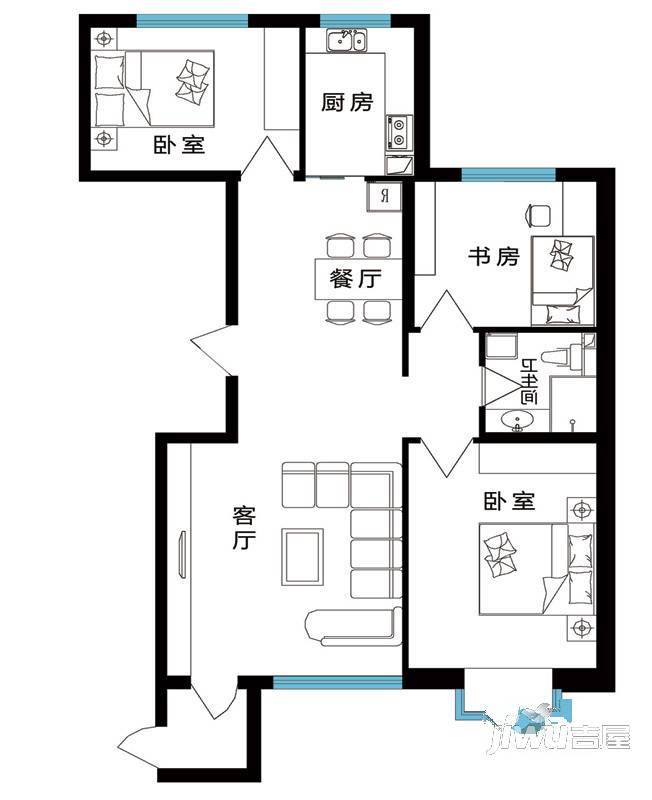 红宝锦秀河畔3室2厅1卫107.2㎡户型图