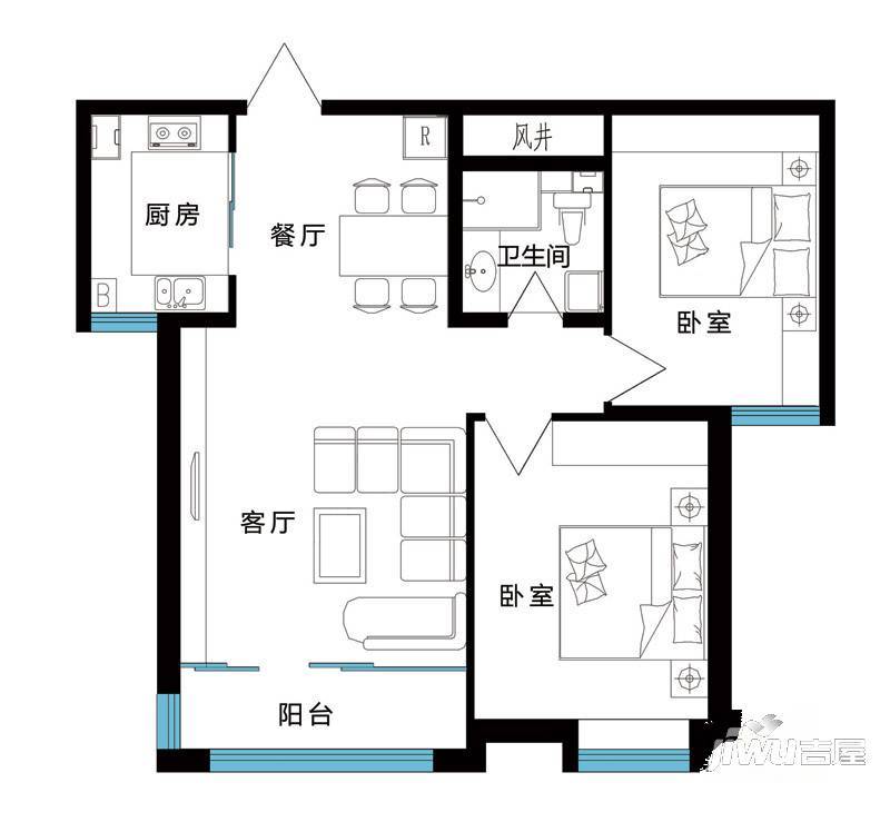 红宝锦秀河畔3室2厅1卫107.2㎡户型图