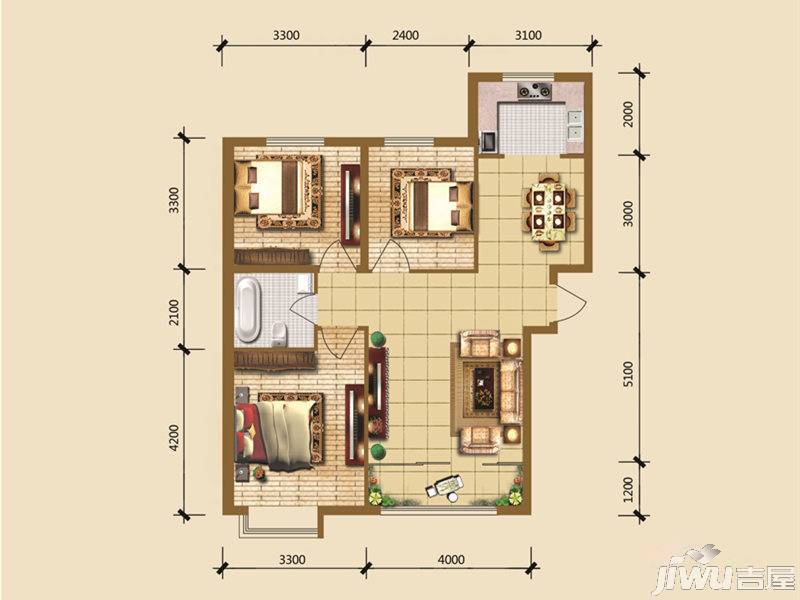 红宝锦秀河畔3室2厅1卫109.1㎡户型图