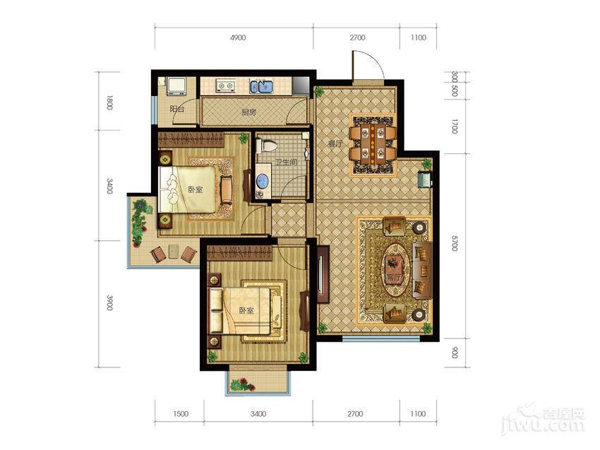 中加博悦2室2厅1卫79㎡户型图