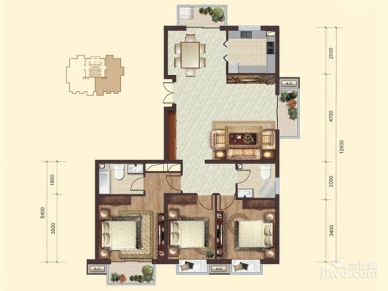 龙山广场3室2厅2卫141㎡户型图